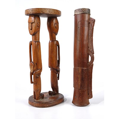 Massim Trobriand Island Wooden Carved Finger Drum with Snake Skin and Massim Trobriand Carved Wooden Stool