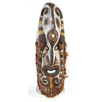PNG Sepik Mask, Carved Wood with Ochre, Fibre and Cowrie Shells