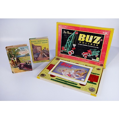 Vintage Buz Builder Construction Set in Original Box, Billy Bunters Postal Order by F. Richards and Back to Billabong by M.G. Bruce