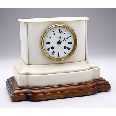 French Alabaster Mantle Clock by Coet Maekers with Porcelain Face with Brass Detail on Wooden Base