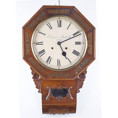 American Ansonia Clock Co Movement in a Antique Brass Inlaid Mahogany Case with Later Face