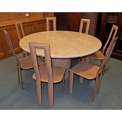 Unusual Modernist Heavy Travertine Top Pedestal Dining Table and Seven Leather Clad Chairs