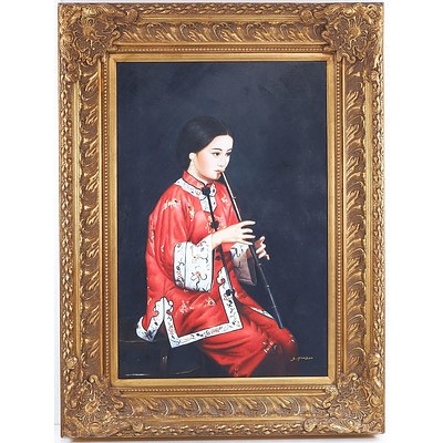 Decorative Oil Painting on Canvas Signed S. Hansen, Chinese Girl with Flute