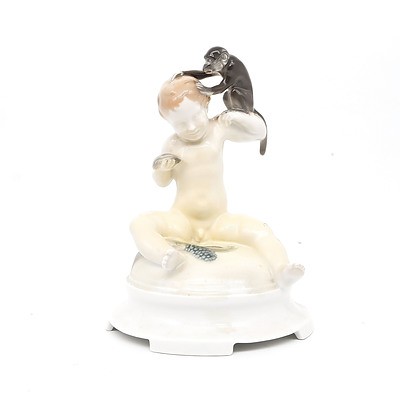 Rosenthal Lousy Story Boy and Monkey Porcelain Figure Designed by Ferdinand Liebermann