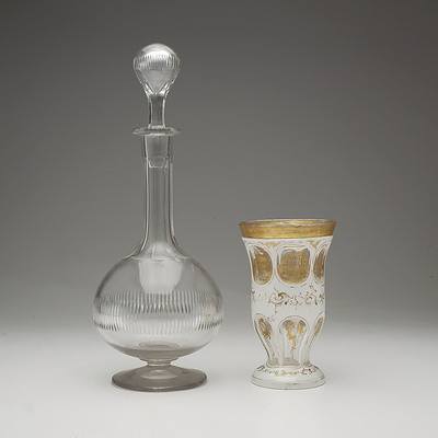 Antique Cut Crystal Decanter and Antique German Opaline Flashed and Gilt Decorated Cut Glass 'Topographical' Beaker, 19th Century