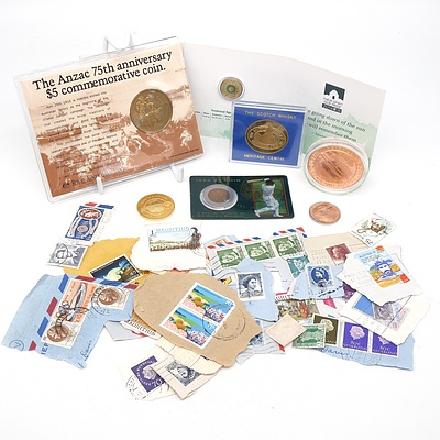 1990 75th Anniversary $5 Coin, 2014 Remembrance Day $2 Coin, Various Medallions and Stamps