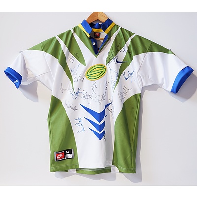 Canberra Raiders 1997 Nike Super League Jersey with 18 Signatures Including Rickey Stuart, Laurie Daley, Noa Nadruku and More