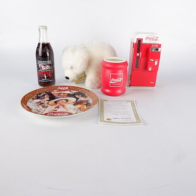 Coca Cola Novelty Vending Machine, Franklin Mint Plate, Polar Bear and Amercia's Cup with Stubby Holder