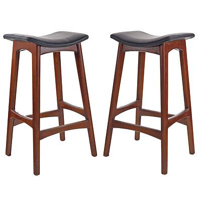 Pair Johannes Anderson Style Black Leather Upholstered Bar Stools, Replicas