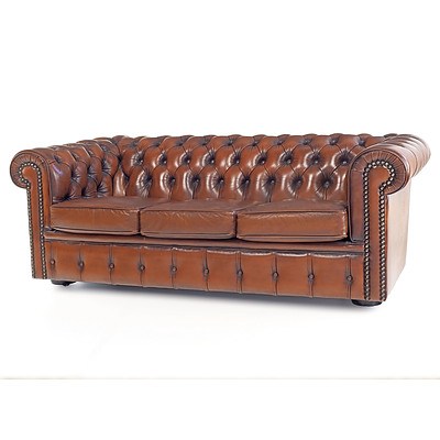 Moran Tan Leather Upholstered Three Seater Deep Buttoned Chesterfield Lounge