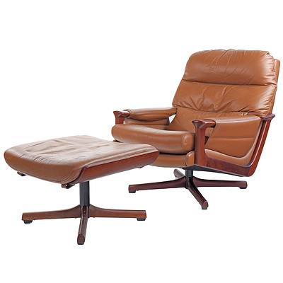 Tessa T21 Tan Leather Upholstered Armchair With Matching Footstool, Designed by Fred Lowen