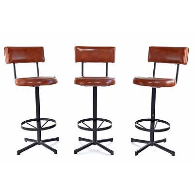 Three Ramler Retro Brown Leather Upholstered Swivel Stools