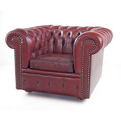 Moran Oxblood Leather Upholstered Deep Buttoned Chesterfield Armchair