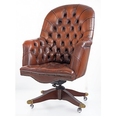Tan Leather Upholstered Deep Buttoned Chesterfield Style Swivel Armchair