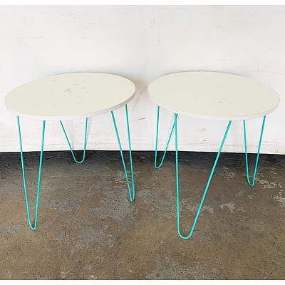 A Pair of White Side Coffee Tables With Metal Legs