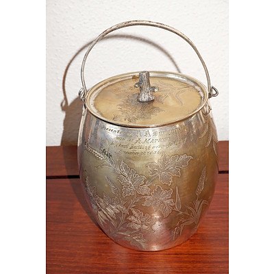 Victorian Silver Plated Biscuit Barrel with Inscription Adam Mather Highest Batting Average, Presented by AA Dangar Esq for the Season 1885/6