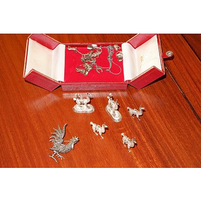 Various Sterling Silver Camels, Marcasite Rooster Brooch, Sterling Chain and Various Charms