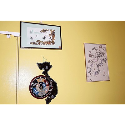 Vietnamese Lacquer Zodiac Clock and Two Asian Artworks