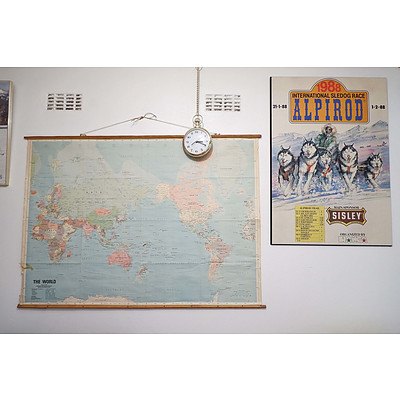 Four Vintage Block Mounted Skiing Posters, Vintage Map of the World and a Clock, and More