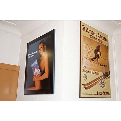 Four Vintage Block Mounted Skiing Posters, Vintage Map of the World and a Clock, and More