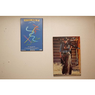 Four Vintage Block Mounted Skiing Posters