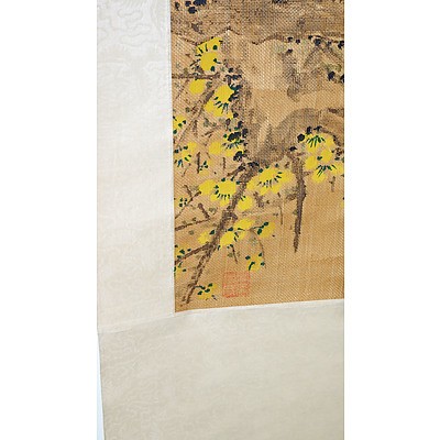 Chinese Scroll Painting Of Blossoms, Ink And Colour Of Woven Fibre On Silk Backing