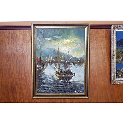 Signed Chinese Oil on Canvas, Fishing Boats
