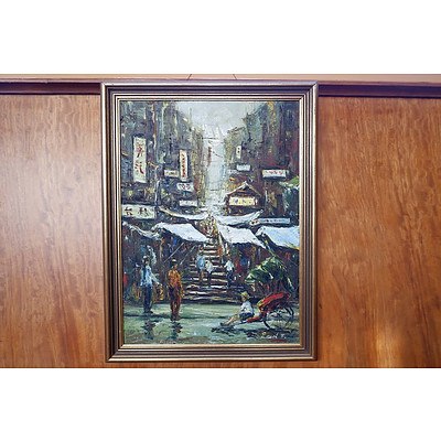 Signed Chinese Oil on Canvas, Hong Kong Steps