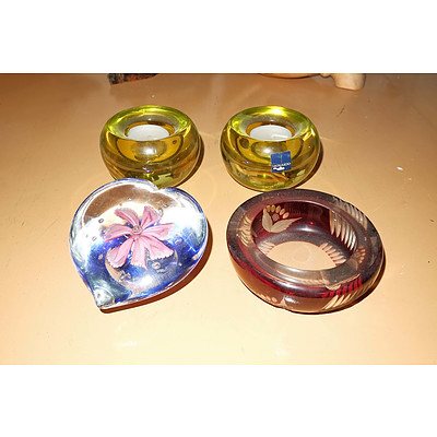 Pair of Coloured Glass Candle Lanterns, Paperweight and a Bohemia Ashtray