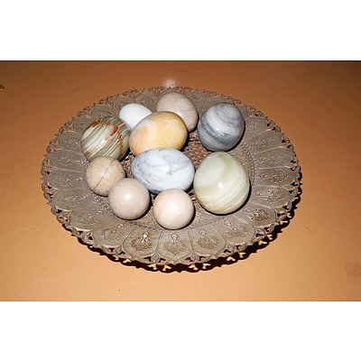 Indo-Persian Pierced Metal Bowl with Various Stone Eggs