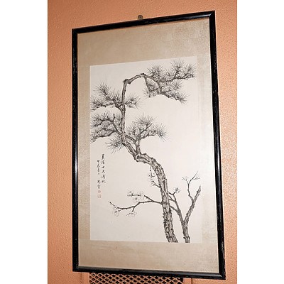 Qinxuan Huang (Chinese Dates Unknown) Framed Scroll Painting Pine and Prunus, Ink and Colour on Paper with Silk Backing