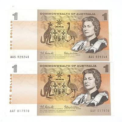 Two 1966 Coombs / Wilson One Dollar Notes, AAS929248 and AAF017970