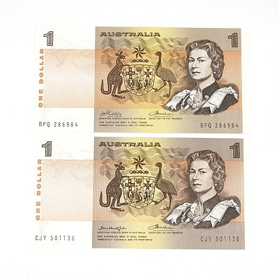 Two Australian One Dollar Notes, Phillips / Wheeler BPQ286984 and Knight / Wheeler CJY501136