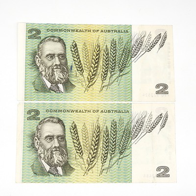 Two Commonwealth of Australia Coombs / Randall Two Dollar Notes, FPQ523524 and FNJ832484