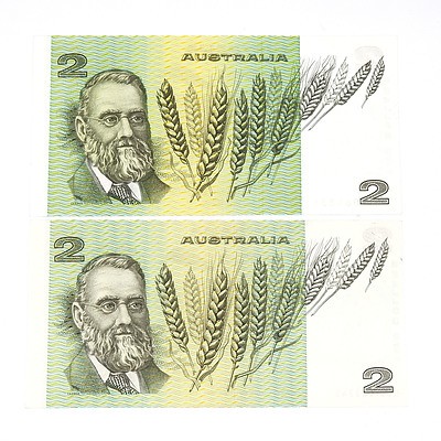 Two Australian Two Dollar Notes, Phillips / Wheeler HCC903745 and  Knight / Wheeler JCK064234