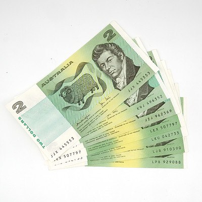 Seven Australian Two Dollar Notes, Including 1979 Knight / Stone JJX445553, 1983 Johnston / Stone KQJ496352 and More