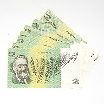 Seven Australian Two Dollar Notes, Including 1979 Knight / Stone JJX445553, 1983 Johnston / Stone KQJ496352 and More