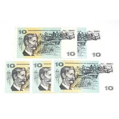 Five Australian Ten Dollar Notes, Including Phillips / Randall SLE919145 and Phillips / Wheeler SUF19858
