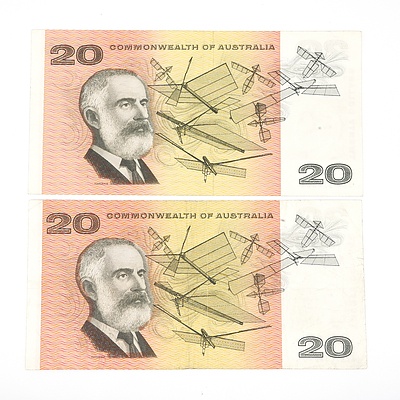 Two 1968 Commonwealth of Australia Phillips/ Randall Twenty Dollar Notes, XBX326386 and XEG232819