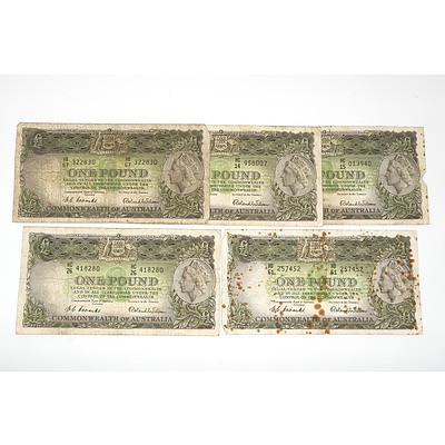 Five 1953 Coombs / Wilson One Pound Notes