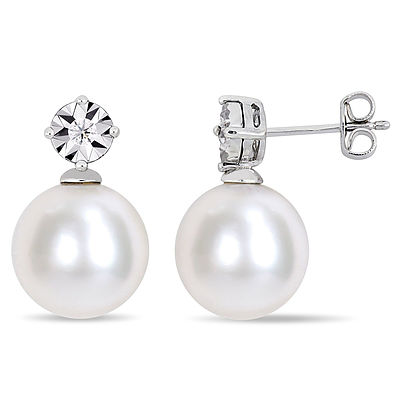 Cultured White Freshwater Pearl & Diamond 0.02ct Drop Stud Earrings / 925s Silver