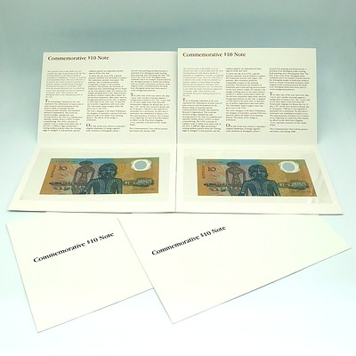 Two Consecutive Australian $10 Commemorative Notes with Folder and Envelope, AA20053583 and AA20053584