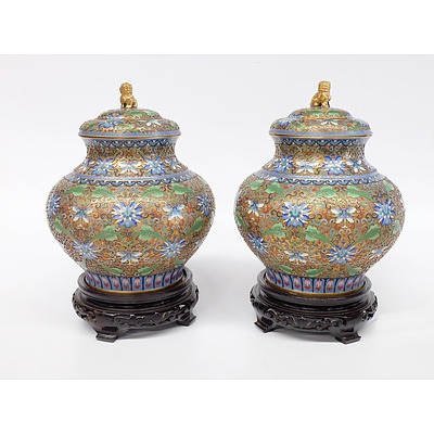 Pair of Impressive Chinese Gilt Cloisonne Urns with Stands