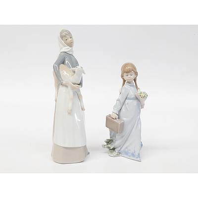 Lladro Porcelain Figure of School Girl and Lady with Lamb