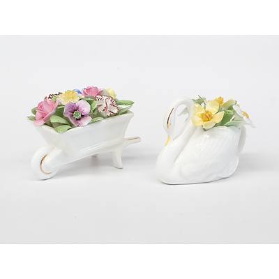 Royal Doulton Bone China Swan with Flowers and Royal Adderley Bone China Wheel Barrow with Flowers