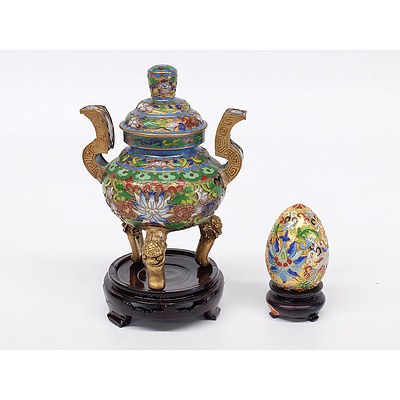 Miniature Cloisonne Censer and Egg, Both with Stands