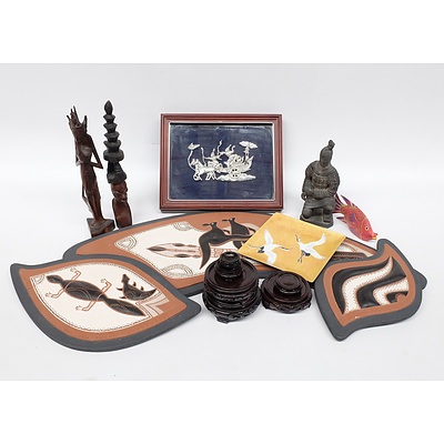 Collection of Souvenir Wares, Including Six Display Stands, Thai Pewter Plaque, Two Asian Hardwood Statues and More