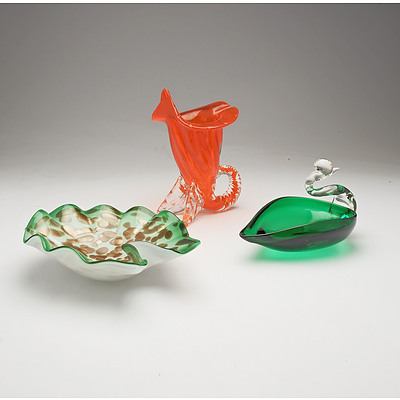 Three Pieces of Murano Glass Including Swan Form Bowl, Cornucopia Vase and More