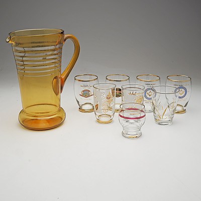 Vintage Amber Glass Lemonade Pitcher with Eight Different Glasses