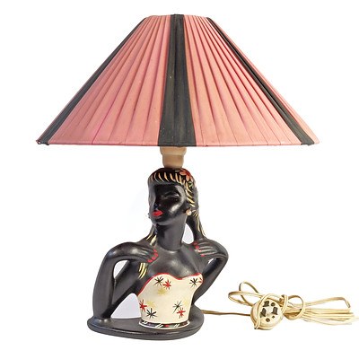 Barsony African Lady Bust Lamp with Striped Red Lamp Shade